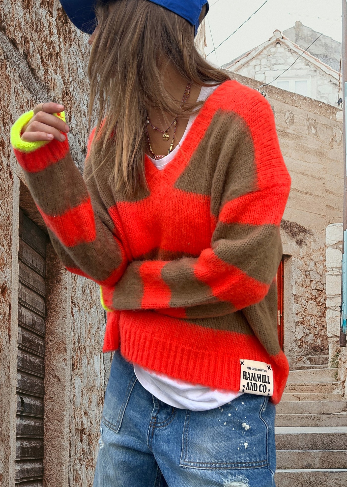 BOHO SLOUCHY V NECK KNIT - CAMEL/POPPY