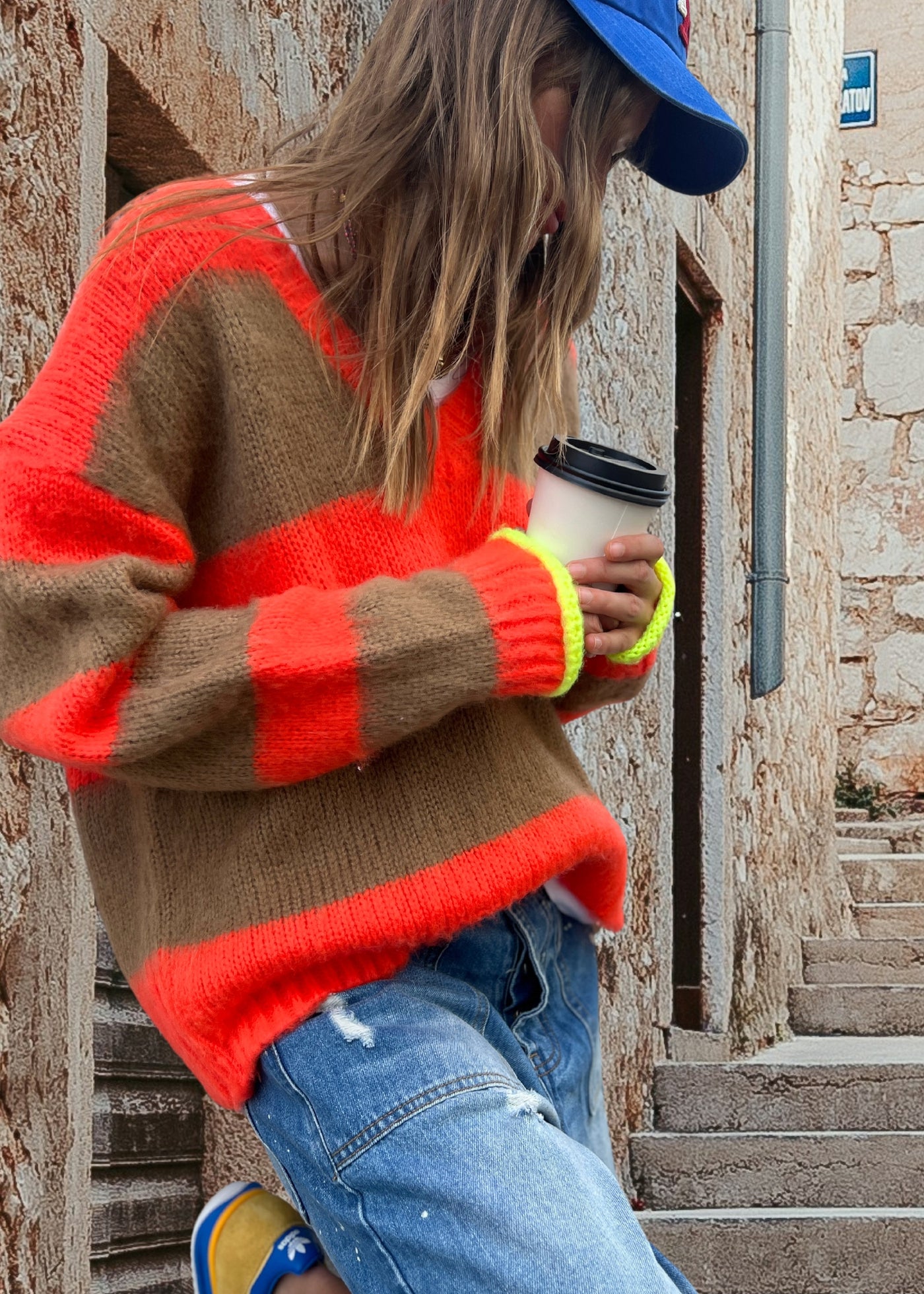 BOHO SLOUCHY V NECK KNIT - CAMEL/POPPY