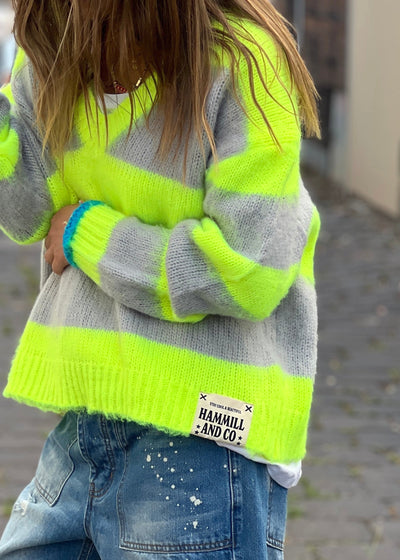 BOHO SLOUCHY V NECK KNIT - NEON/GREY