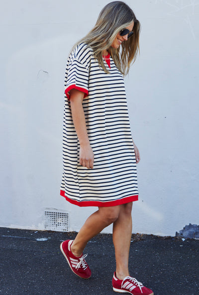 STRIPE  BEACH DRESS - NATURAL/RED