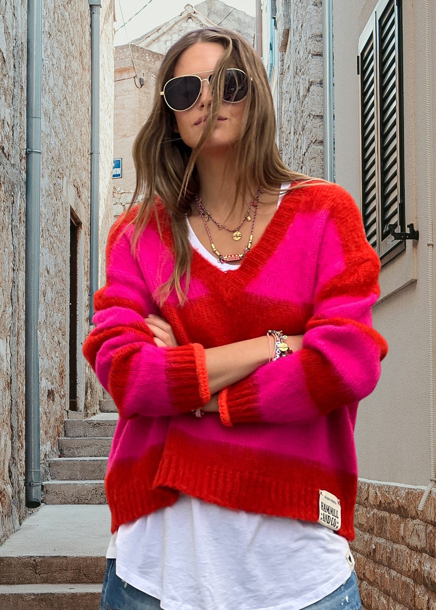 BOHO SLOUCHY V NECK KNIT - PINK/RED