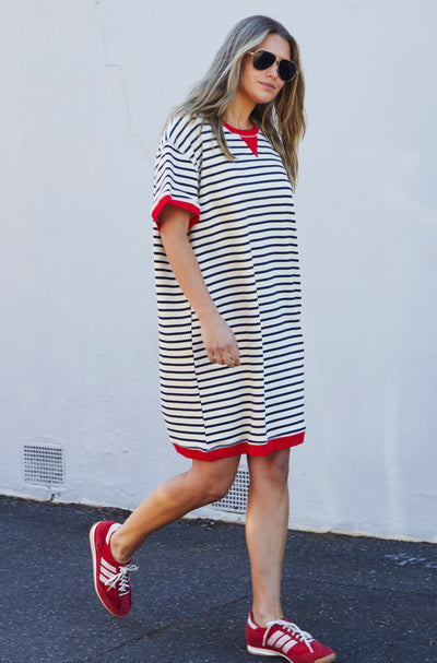 STRIPE  BEACH DRESS - NATURAL/RED