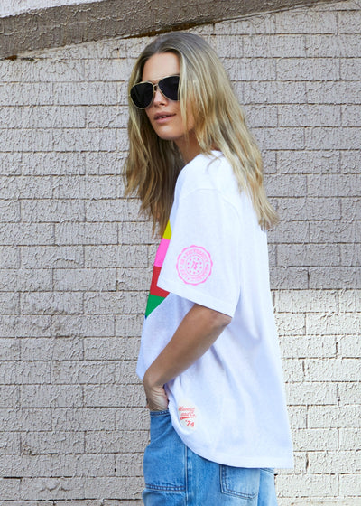 Hammill & Co Oversized multi coloured heart print on our best selling V neck tee fit with small logo on the left sleeve.