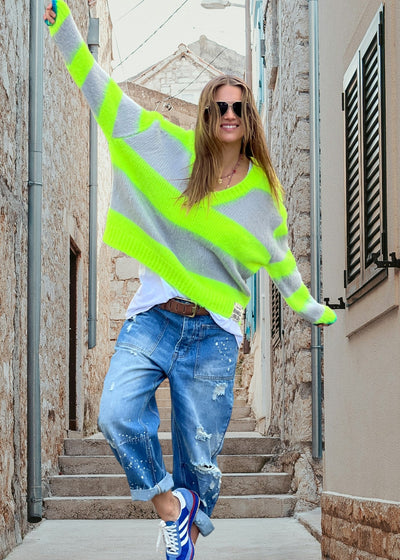 BOHO SLOUCHY V NECK KNIT - NEON/GREY