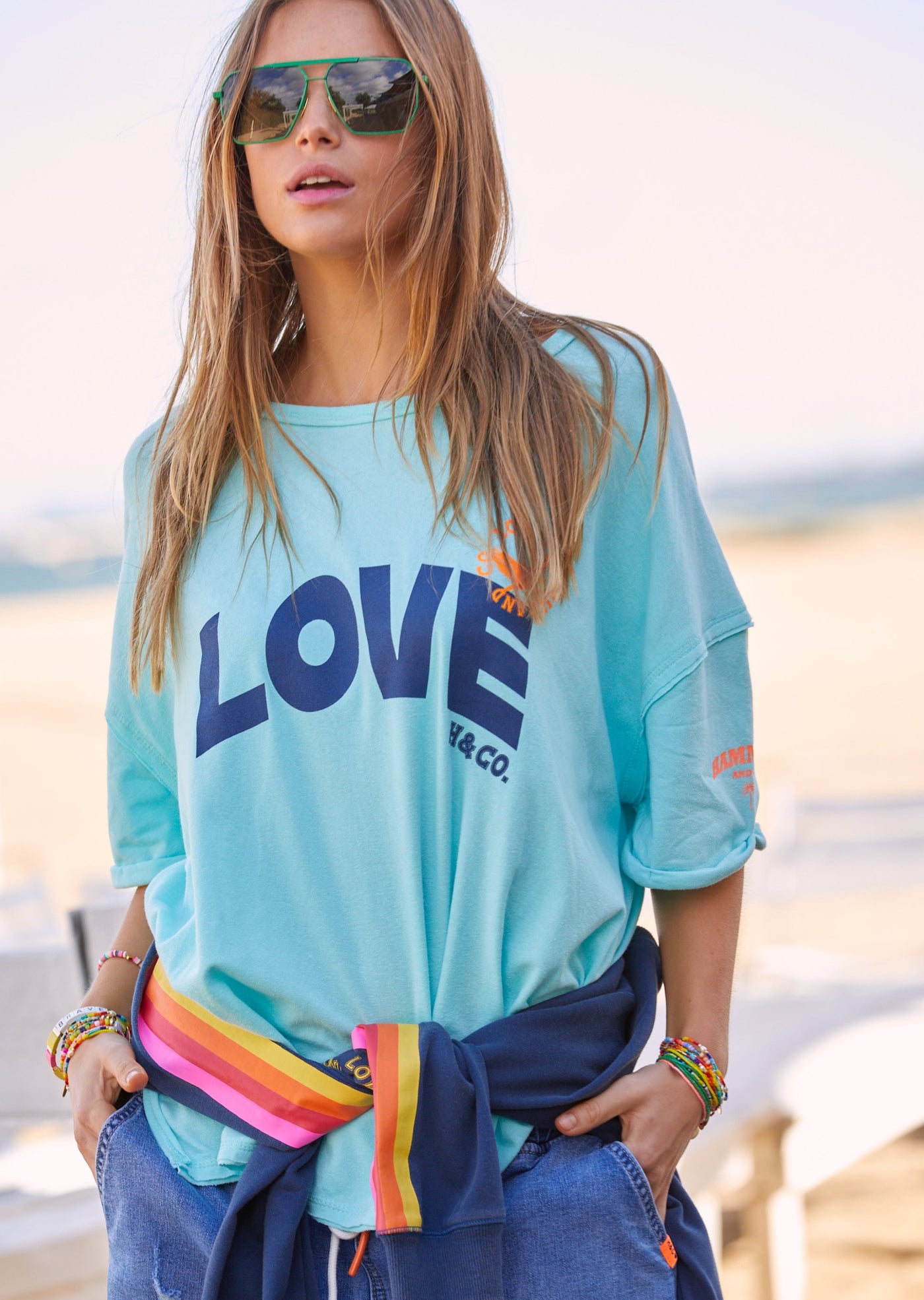 LOVE OVERSIZED TEE WITH SIDE SPLITS - AQUA