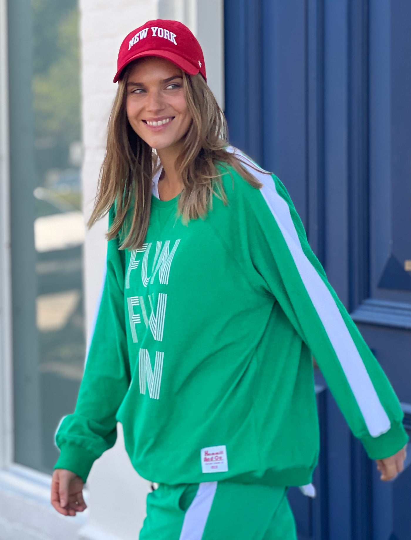 Hammill & Co lightweight, soft towelling sweat in green/white. Features our new Fun, Fun, Fun  print on the front, white panelled stripes down each sleeve, longer body length and rib waistband.