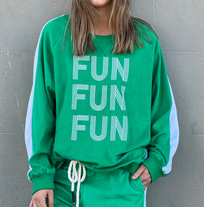 Hammill & Co lightweight, soft towelling sweat in green/white. Features our new Fun, Fun, Fun  print on the front, white panelled stripes down each sleeve, longer body length and rib waistband.