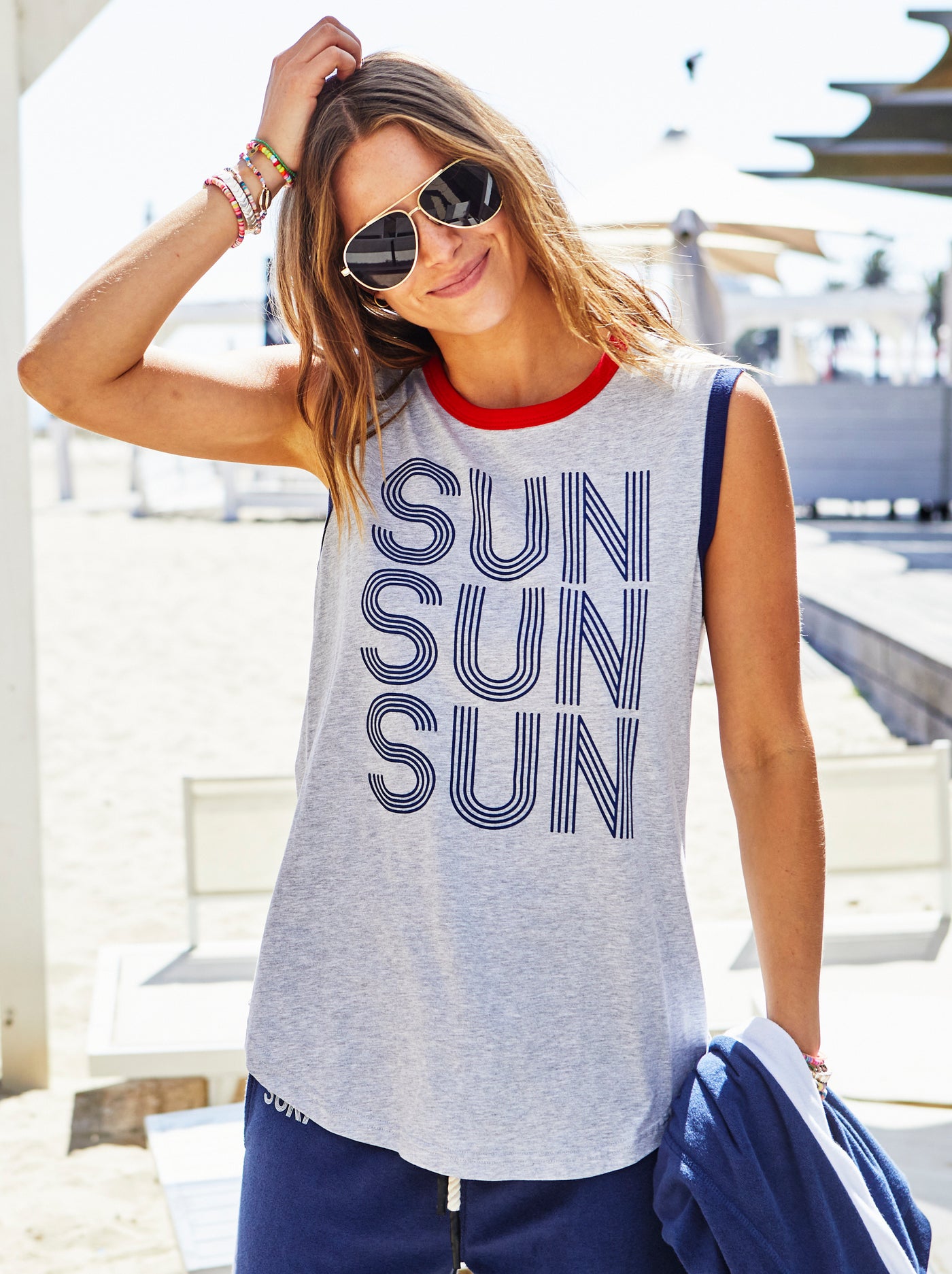 SUN SUMMER TANK - GREY MARLE/ NAVY