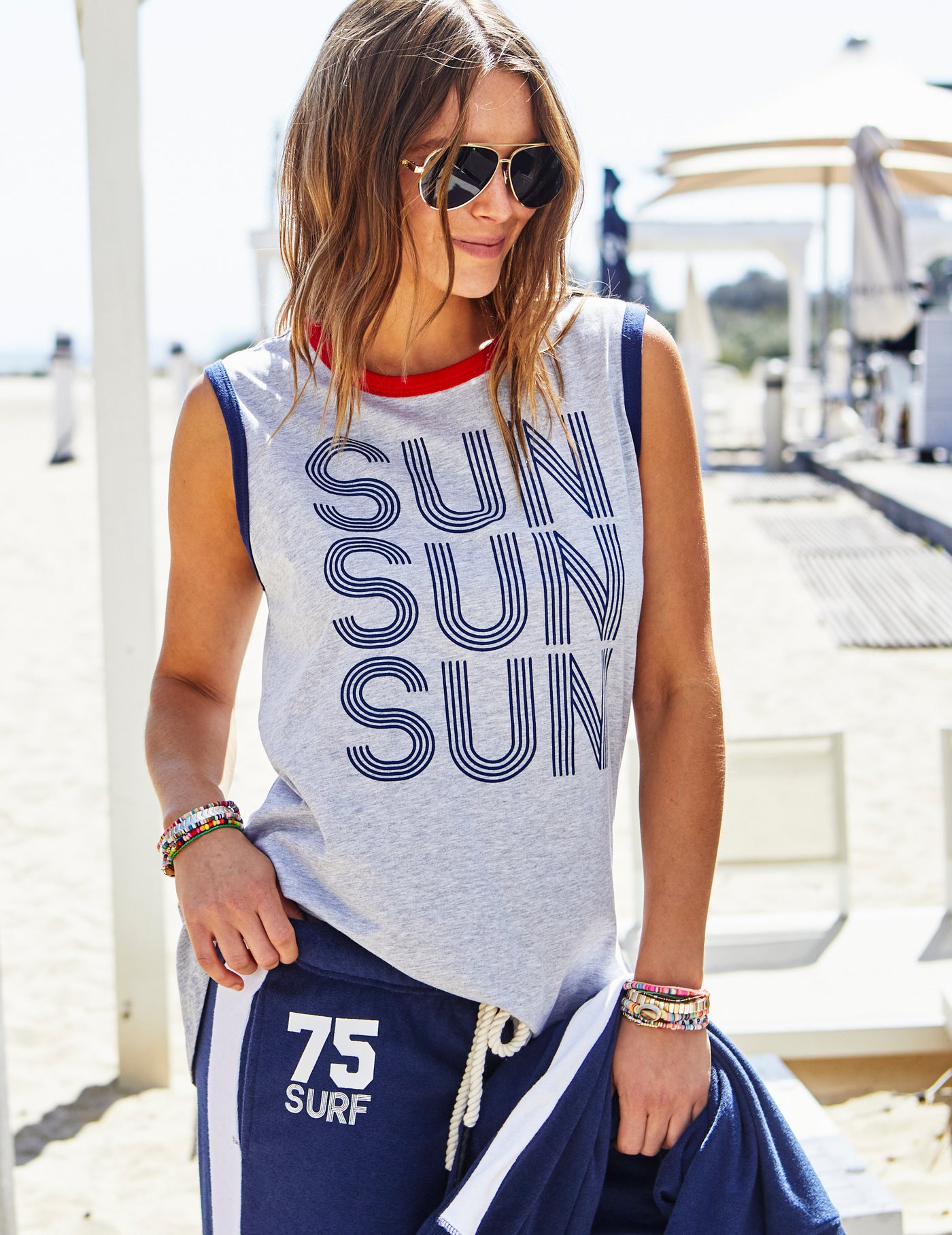 SUN SUMMER TANK - GREY MARLE/ NAVY