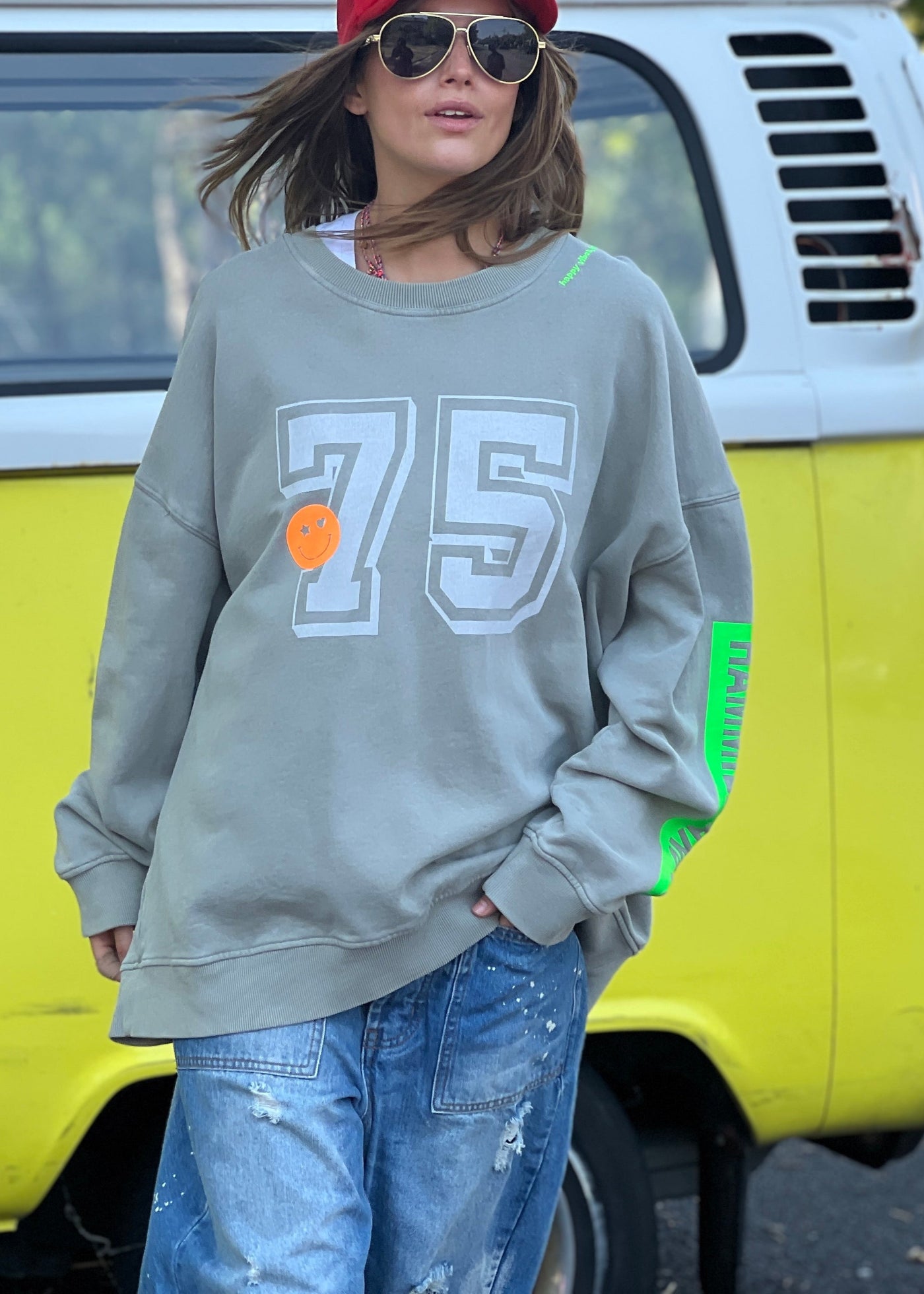 Hammill & Co longer, slouchier style sweat  in our new garment washed fleece.  Washed white 75 print on the front and neon print down the left sleeve. Pops of hot pink and neon green!
Happy vibes happy life embroidery at left side neck.  Soft 100% Washed Cotton fleece.