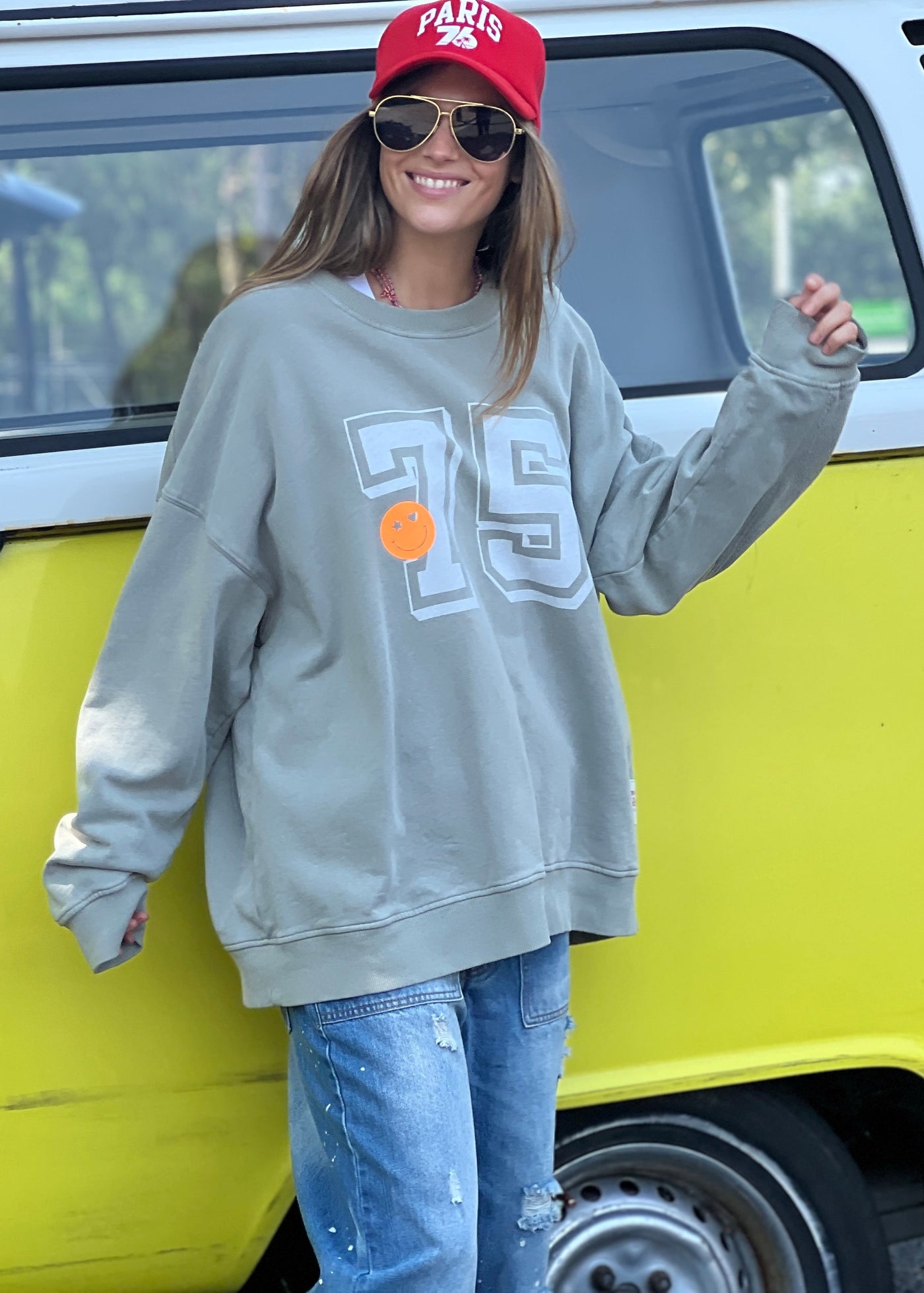 Hammill & Co longer, slouchier style sweat  in our new garment washed fleece.  Washed white 75 print on the front and neon print down the left sleeve. Pops of hot pink and neon green!
Happy vibes happy life embroidery at left side neck.  Soft 100% Washed Cotton fleece.