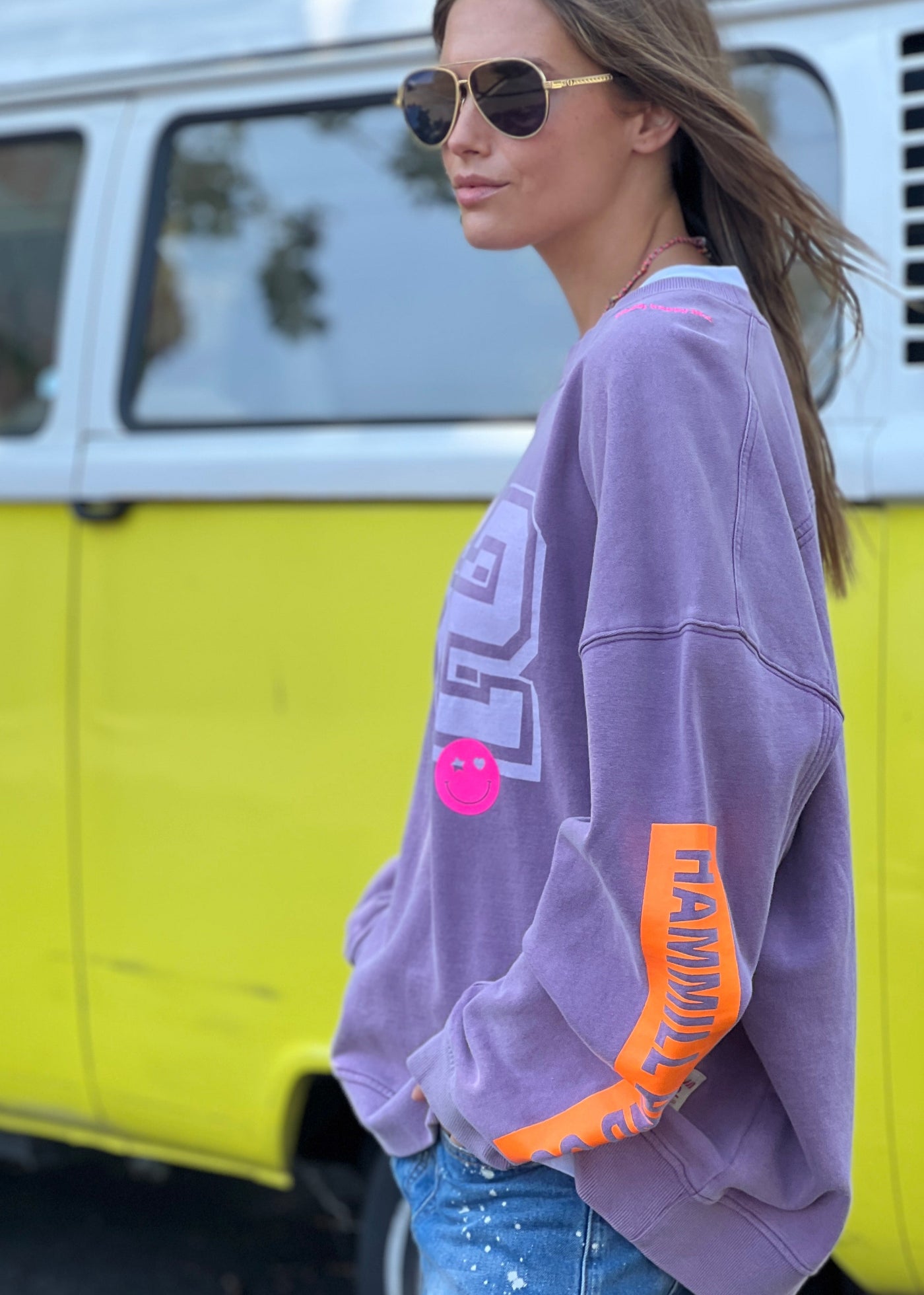 Hammill & Co  longer, slouchier style sweat  in our new garment washed fleece.  Washed white 82 print on the front and neon print down the left sleeve. Pops of hot pink and neon green! Happy vibes happy life embroidery at left side neck. 
Soft 100% Washed Cotton fleece. 