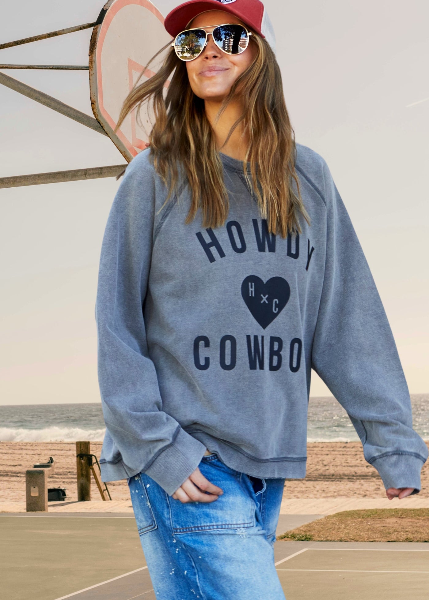 Hammill & Co wash sweats are unique, have a worn-in look and
comfortable feel. The vintage wash process involves treating the fabric to give
it a faded, slightly distressed appearance, reminiscent of well-loved garments.
Washed vintage black with black Howdy Cowboy print on the front.