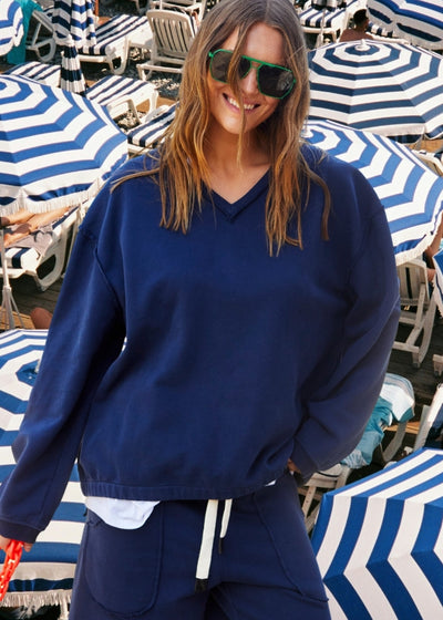 Hammill & Co This sun-drenched collection is bold yet relaxed, with every piece feeling unique and effortlessly cool. This sweat is in a beautiful garment-dyed navy designed to fade.