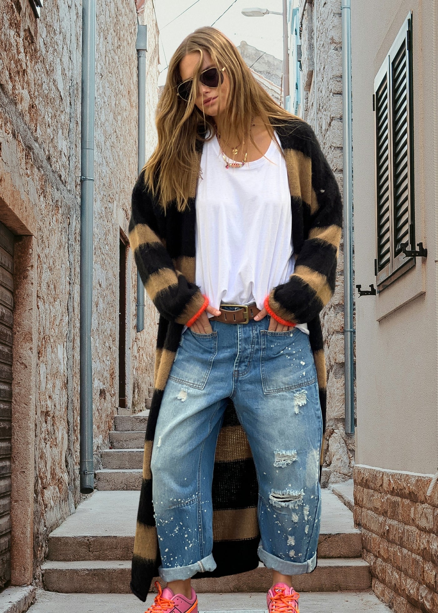 Hammill & Co Limited run of our new soft and fluffy maxi stripe knitted cardi. No buttons, relaxed loose fitting long style cardi. Features neon stripe on each cuff. Designed to be worn layered up and slouchy. 