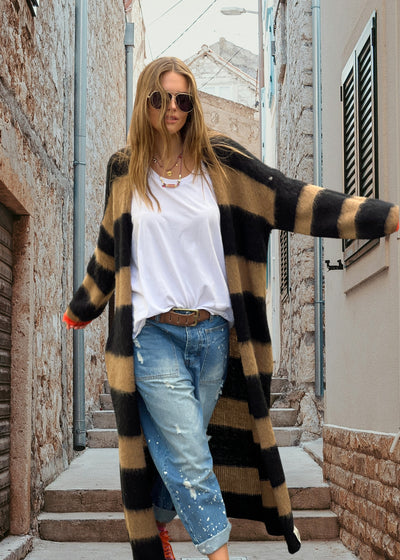 Hammill & Co Limited run of our new soft and fluffy maxi stripe knitted cardi. No buttons, relaxed loose fitting long style cardi. Features neon stripe on each cuff. Designed to be worn layered up and slouchy. 