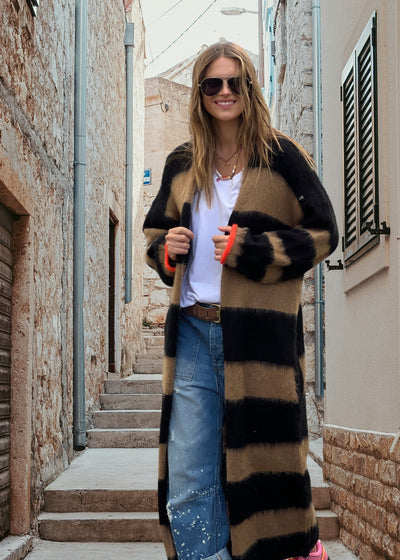 Hammill & Co Limited run of our new soft and fluffy maxi stripe knitted cardi. No buttons, relaxed loose fitting long style cardi. Features neon stripe on each cuff. Designed to be worn layered up and slouchy. 