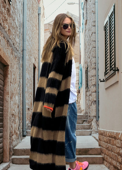 Hammill & Co Limited run of our new soft and fluffy maxi stripe knitted cardi. No buttons, relaxed loose fitting long style cardi. Features neon stripe on each cuff. Designed to be worn layered up and slouchy. 