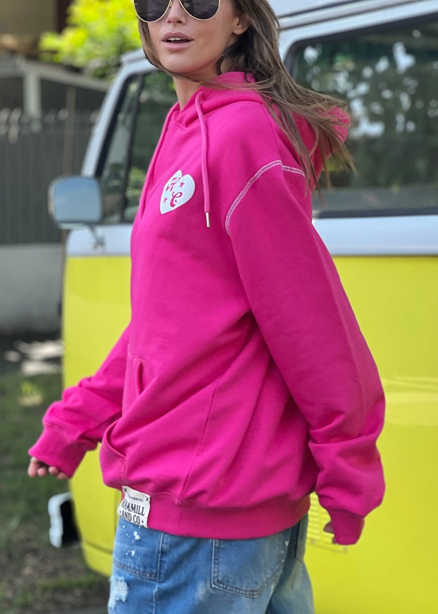 Hammill & Co Slouchy hoody with front pocket is featured in a soft unbrushed cotton with contrast white stitching around the sleeve.