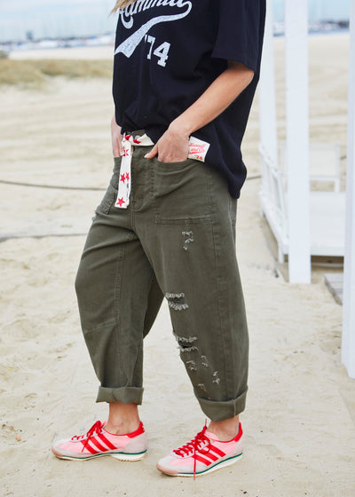 Hammill & Co New summer weight stretch canvas jean in washed khaki with some subtle rips!