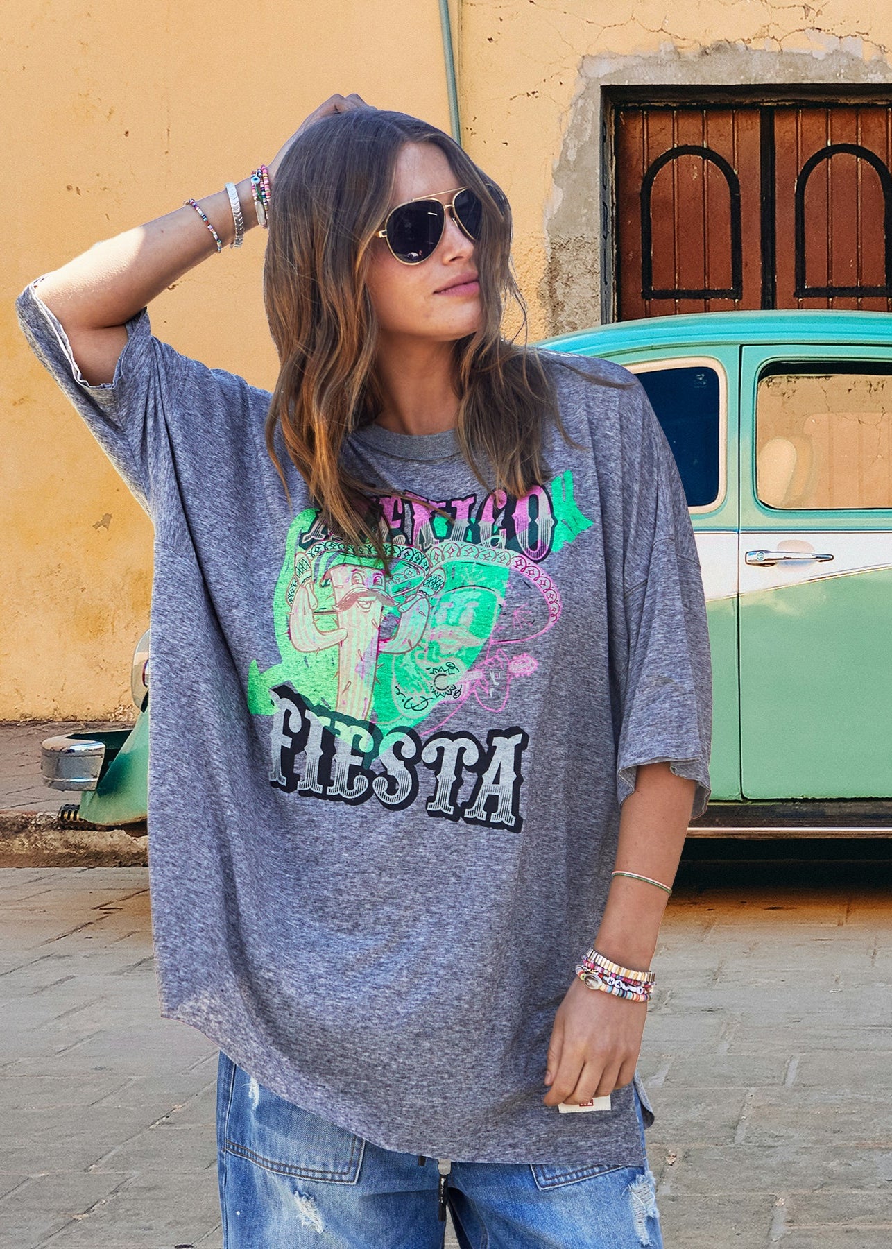 MEXICAN FIESTA OVERSIZED TEE - CHARCOAL MARLE