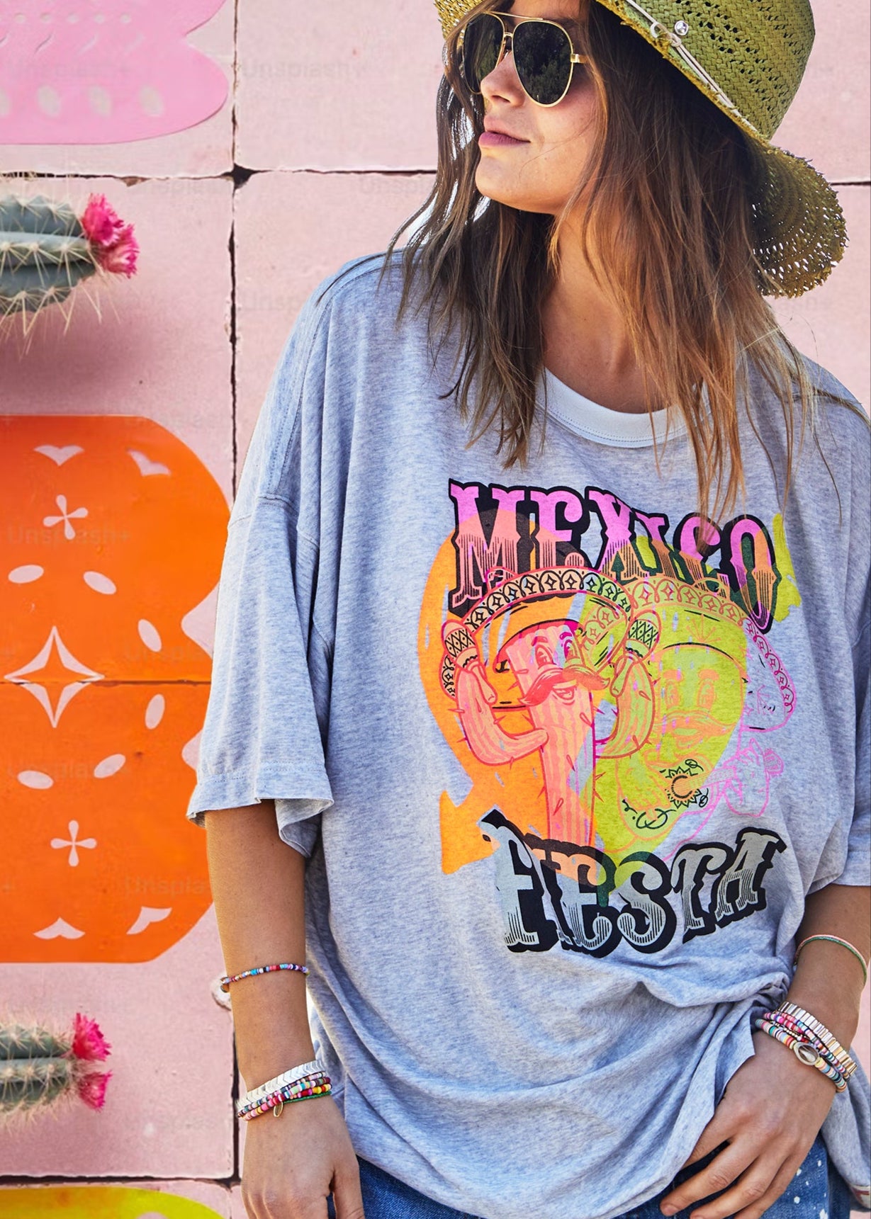 MEXICAN FIESTA OVERSIZED TEE - LIGHT GREY MARLE