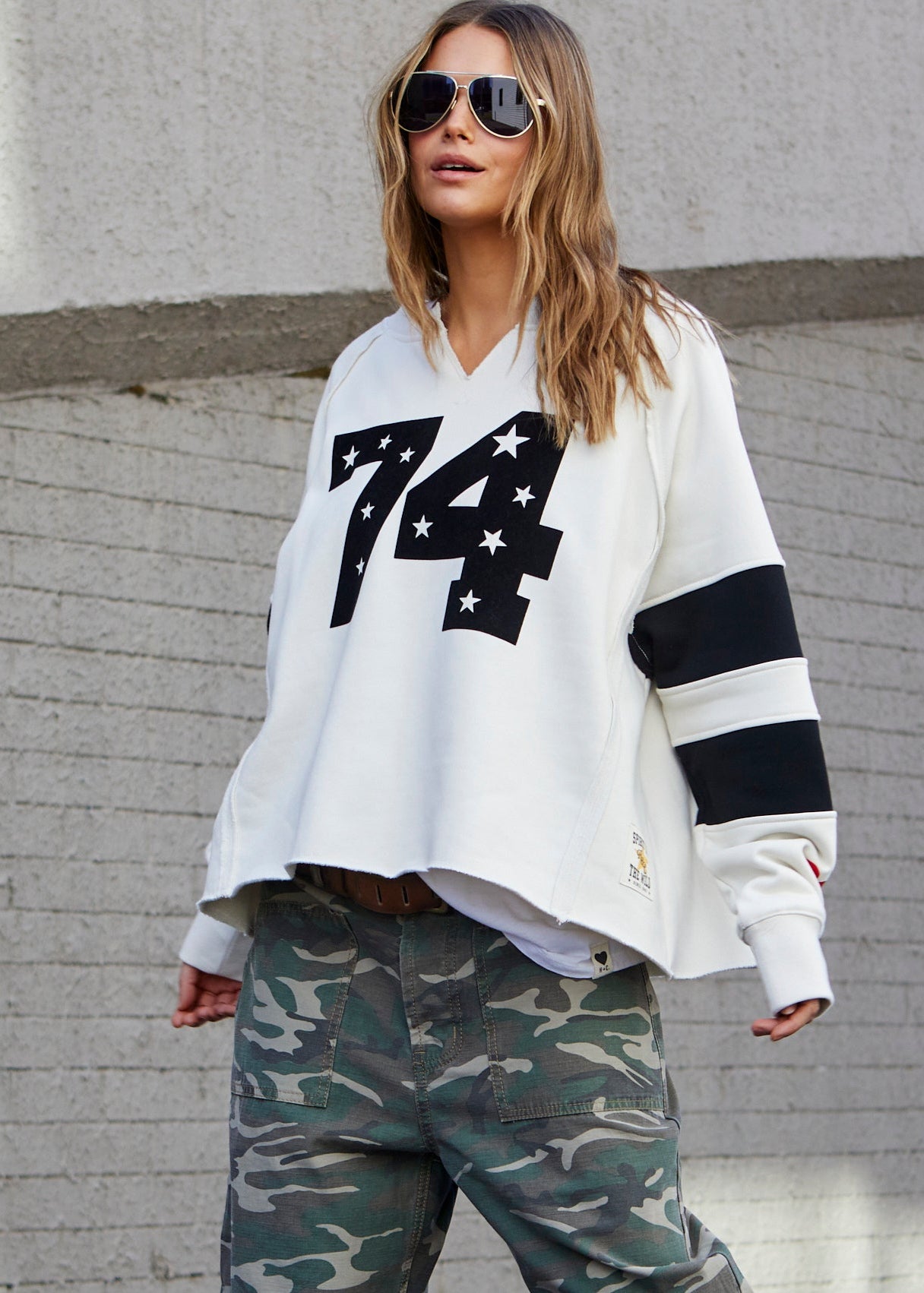 Hammill & Co Retro 74 signature sweat with panelled sleeve detail, relaxed fit with raw V neckline, defined seaming, wide raw edge hem and a more boxy, wider fit!