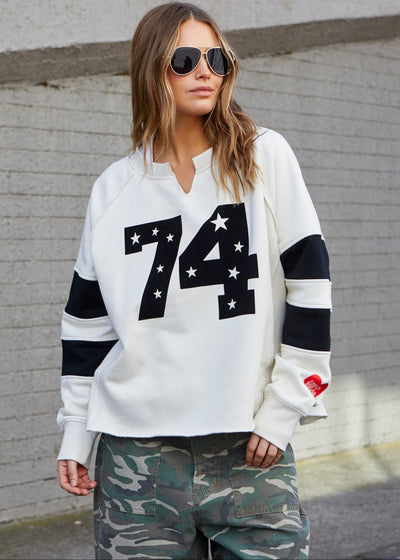 Hammill & Co Retro 74 signature sweat with panelled sleeve detail, relaxed fit with raw V neckline, defined seaming, wide raw edge hem and a more boxy, wider fit!