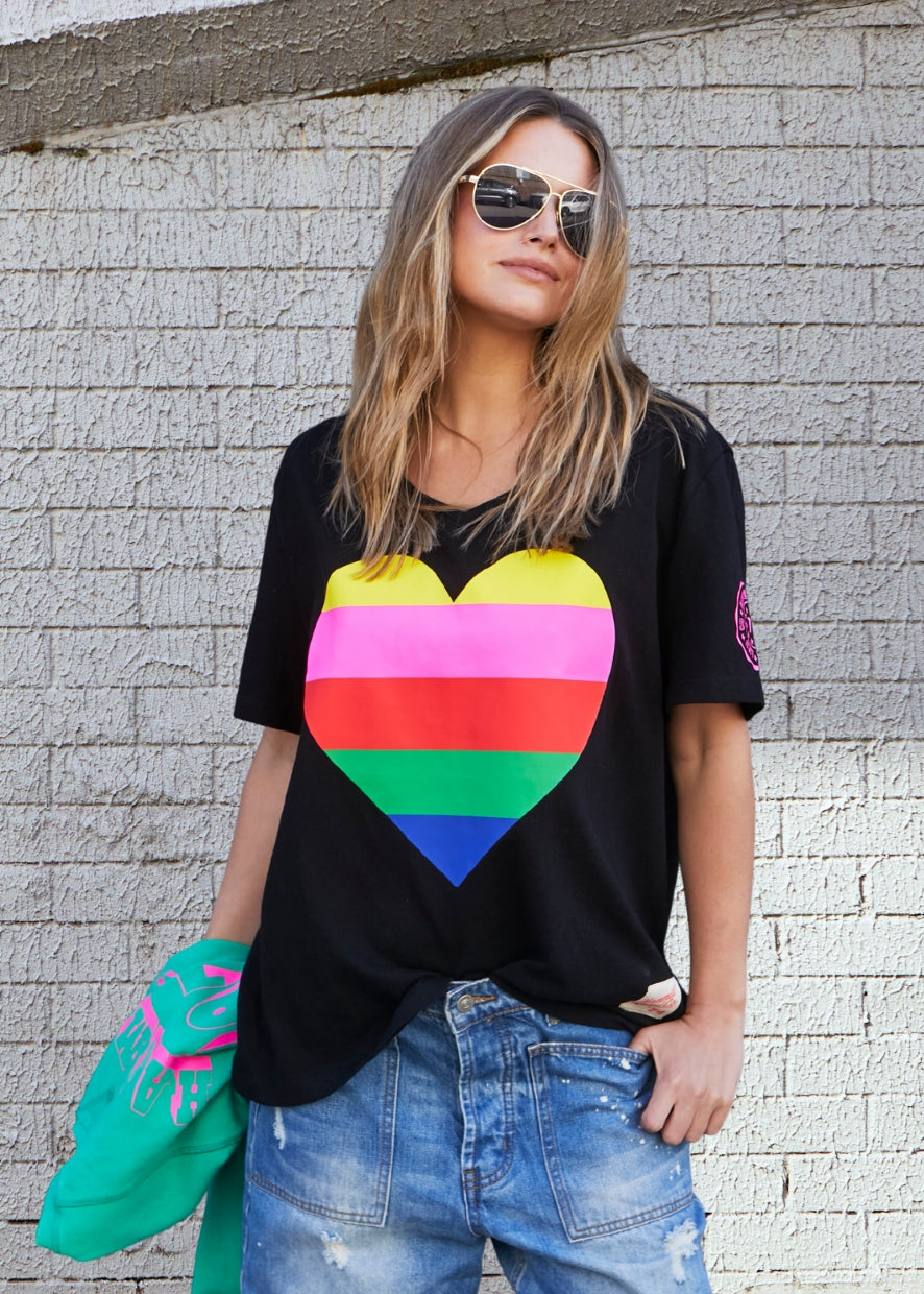 Hammill & Co Oversized multi coloured heart print on our best selling V neck tee&nbsp; fit with small logo in pink on the left sleeve.