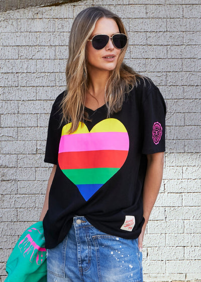 Hammill & Co Oversized multi coloured heart print on our best selling V neck tee&nbsp; fit with small logo in pink on the left sleeve.