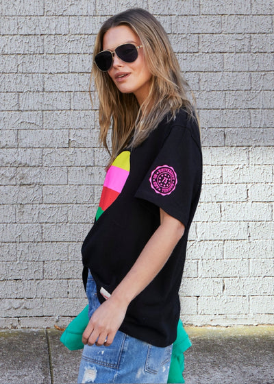 Hammill & Co Oversized multi coloured heart print on our best selling V neck tee&nbsp; fit with small logo in pink on the left sleeve.