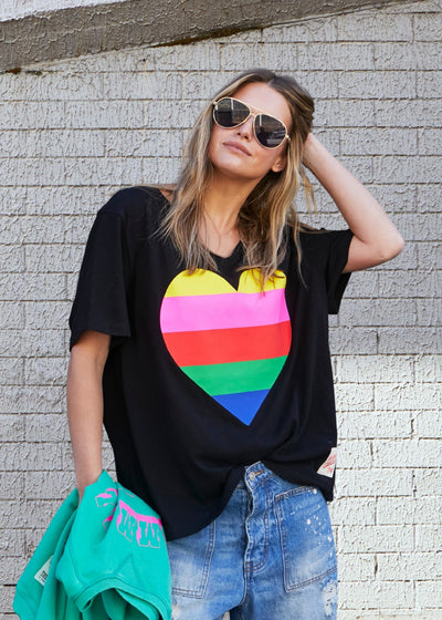 Hammill & Co Oversized multi coloured heart print on our best selling V neck tee&nbsp; fit with small logo in pink on the left sleeve.