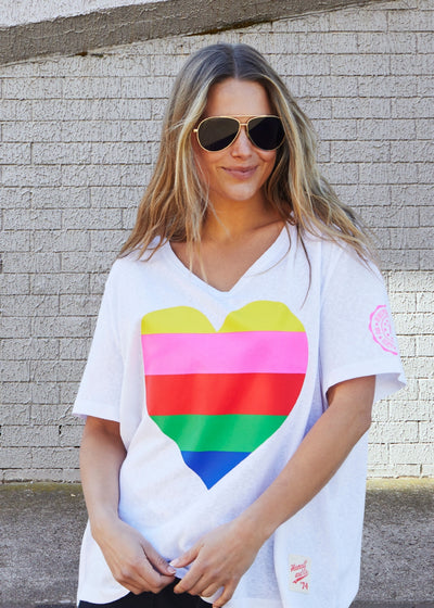 Hammill & Co Oversized multi coloured heart print on our best selling V neck tee fit with small logo on the left sleeve.