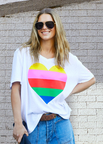 Hammill & Co Oversized multi coloured heart print on our best selling V neck tee fit with small logo on the left sleeve.