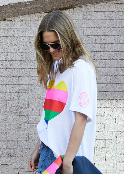 Hammill & Co Oversized multi coloured heart print on our best selling V neck tee fit with small logo on the left sleeve.