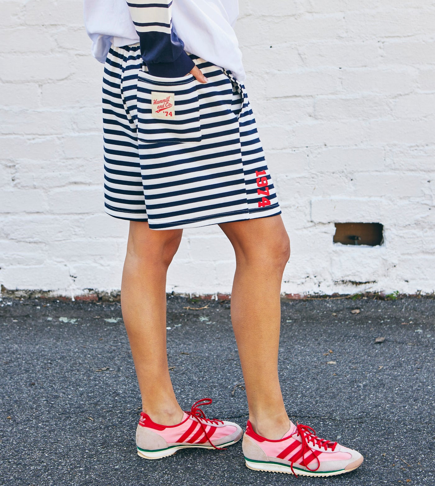Hammill & Co Navy and white relaxed, comfy fleece short with elastic waist and contrast red draw cord. Our new fit is the perfect length for a casual look sitting just above the knee.