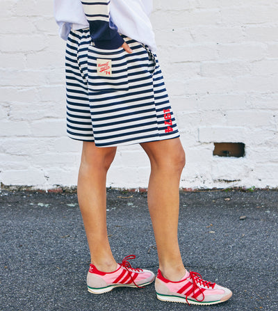 Hammill & Co Navy and white relaxed, comfy fleece short with elastic waist and contrast red draw cord. Our new fit is the perfect length for a casual look sitting just above the knee.