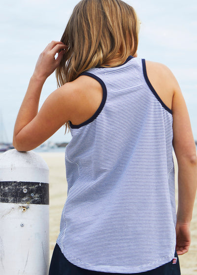 Hammill & Co Retro stripe tank in soft cotton navy and white fine stripe with navy rib. Red retro print 1976 MEXICO on the front.