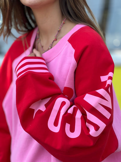SKI OVERSIZED  STRIPE CUFF SWEAT - PINK/RED