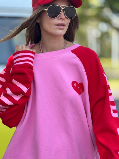 SKI OVERSIZED  STRIPE CUFF SWEAT - PINK/RED