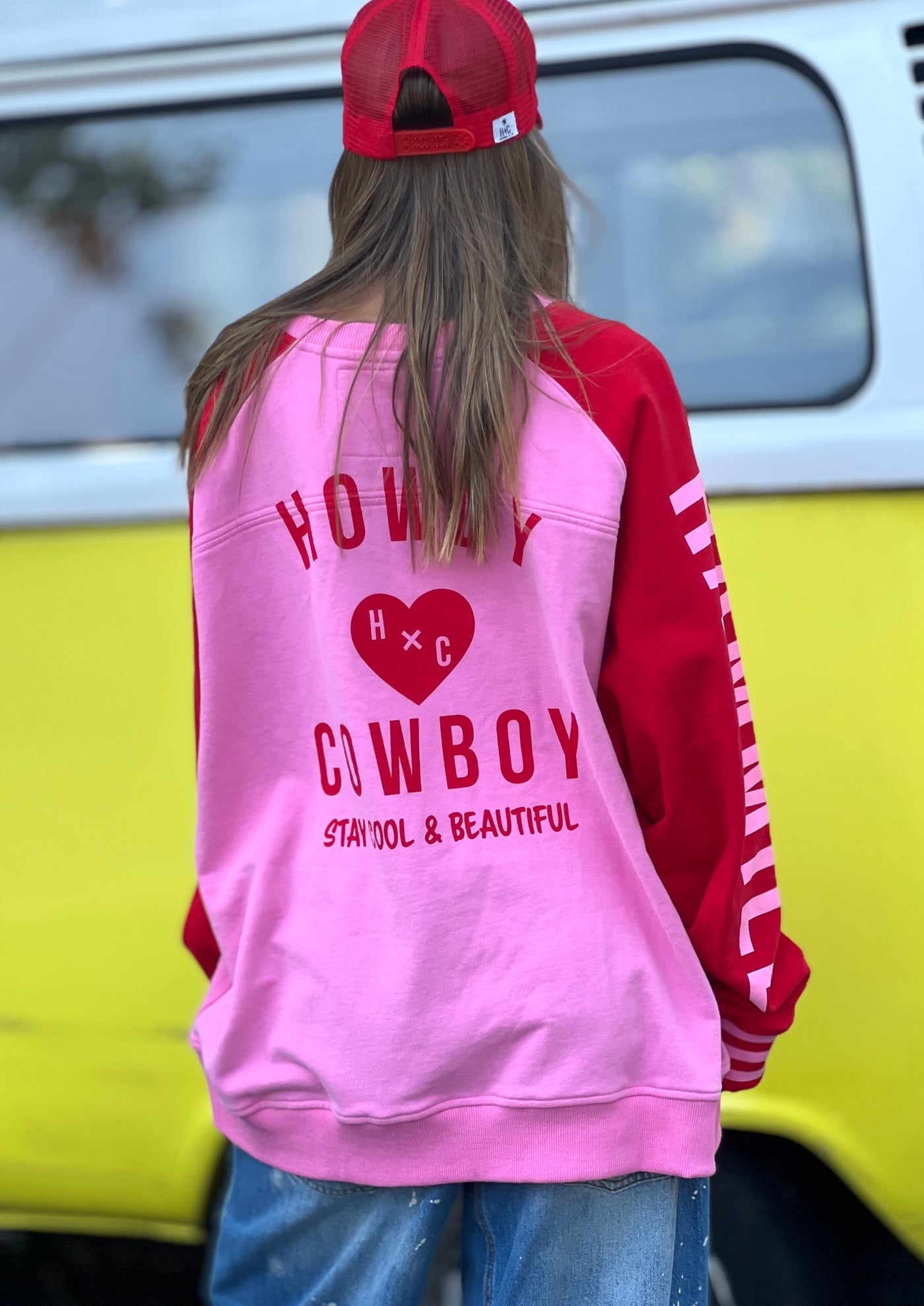 SKI OVERSIZED  STRIPE CUFF SWEAT - PINK/RED