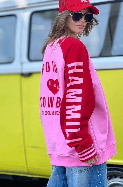 SKI OVERSIZED  STRIPE CUFF SWEAT - PINK/RED