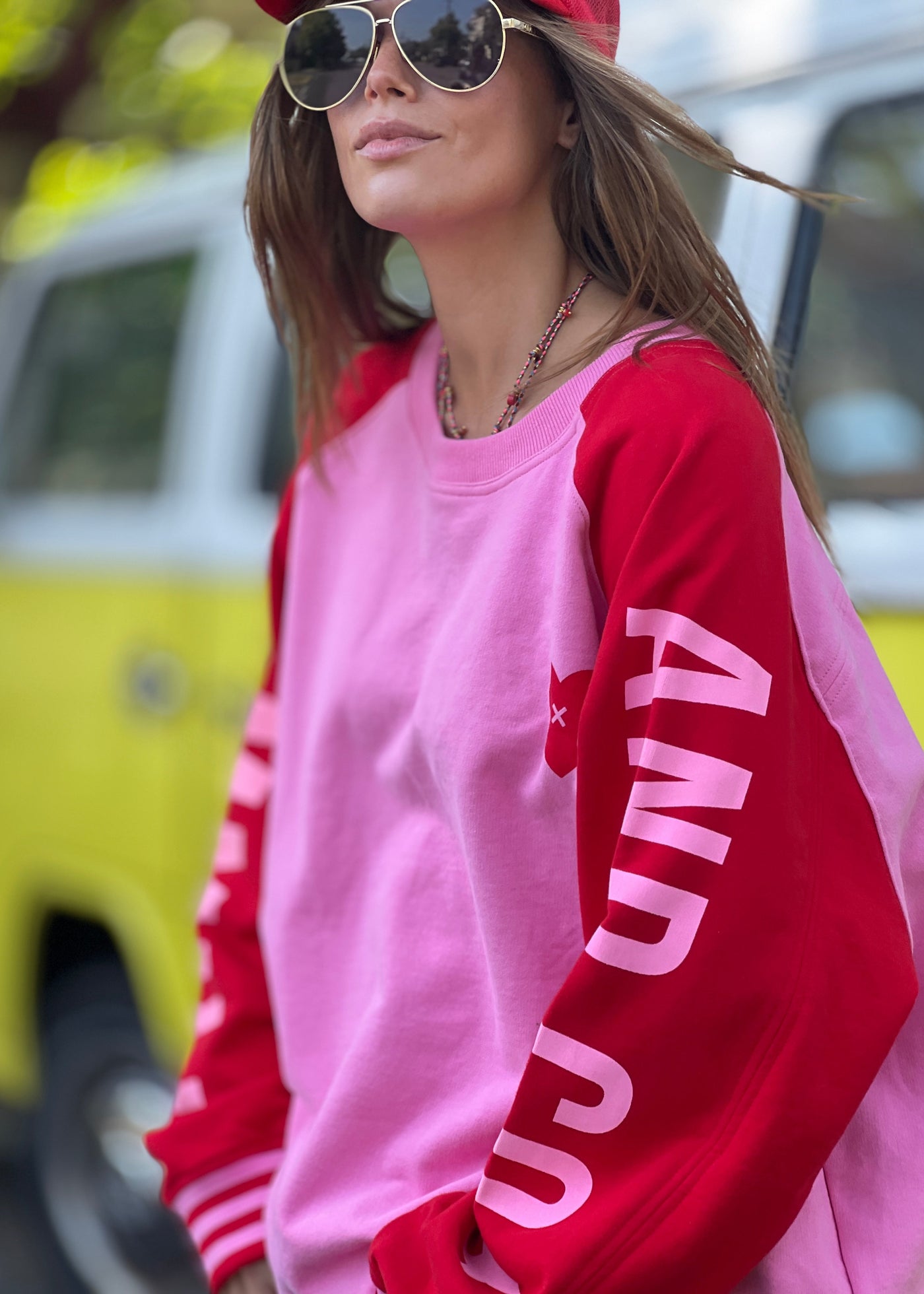 SKI OVERSIZED  STRIPE CUFF SWEAT - PINK/RED