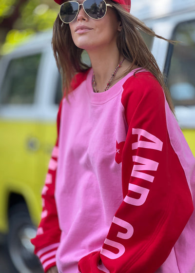 SKI OVERSIZED  STRIPE CUFF SWEAT - PINK/RED