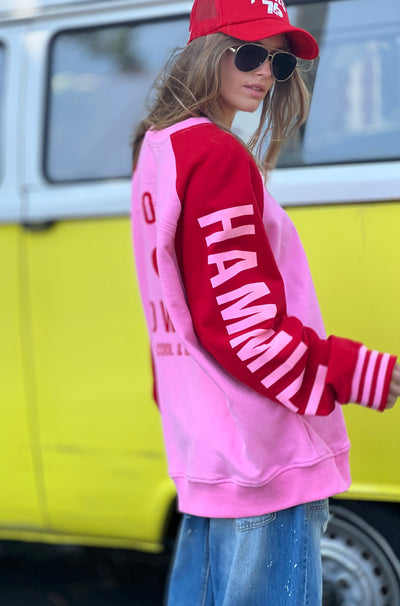 SKI OVERSIZED  STRIPE CUFF SWEAT - PINK/RED