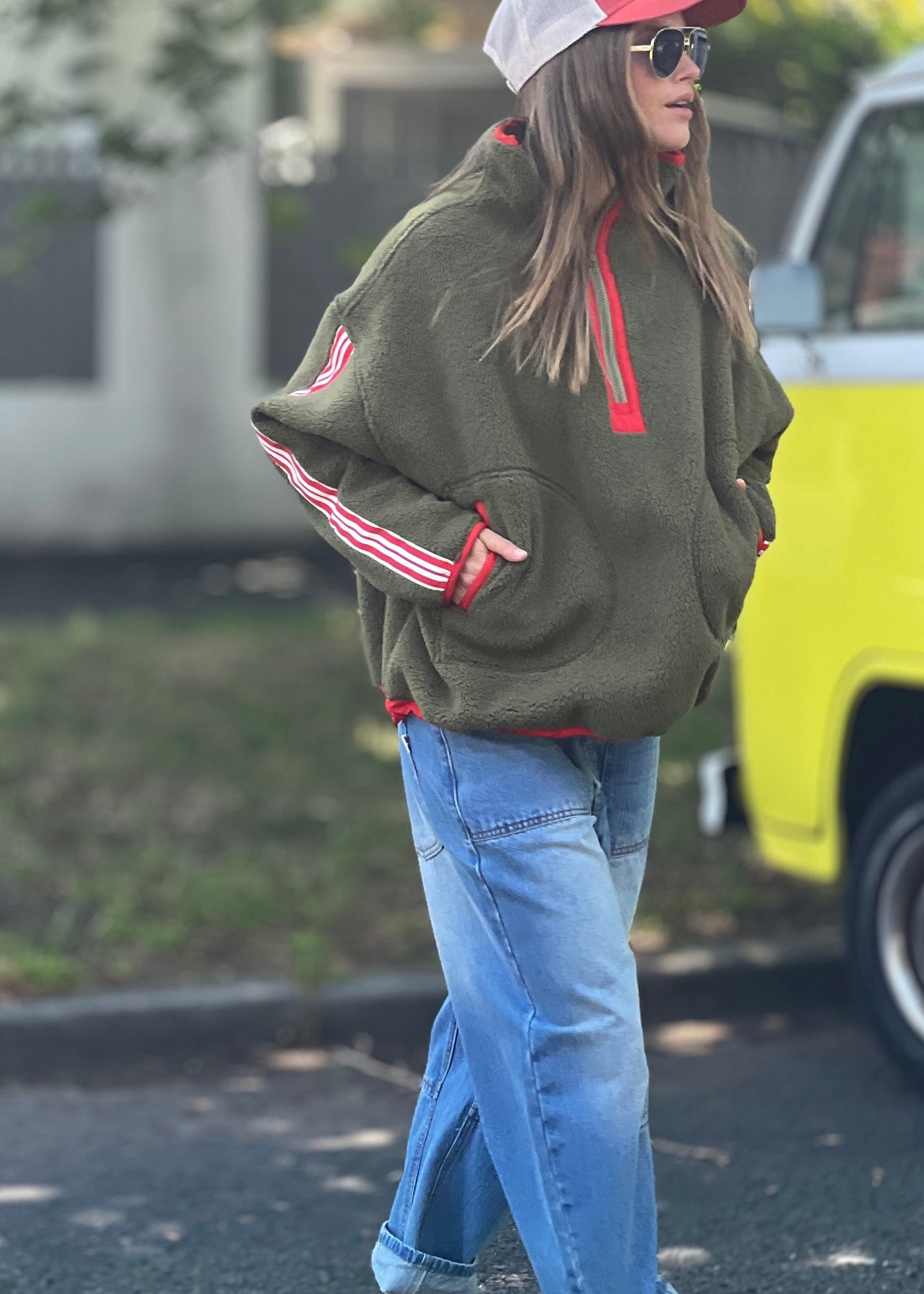 Hammill & Co Soft and cozy Khaki 1/2 zip polar fleece sweat. Featuring stripe tape down each sleeve, contrast placket and front zipper, slouchy pockets with red zips, adjustable waistband with elastic and toggle and higher neck style for extra warmth.