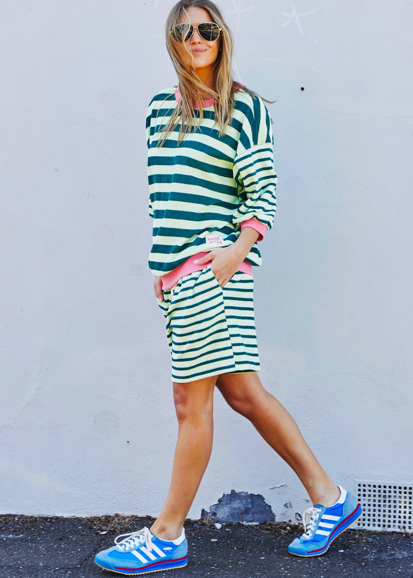 Hammill & Co relaxed terry towelling stripe shorts bring effortless summer energy with their playful green / mint stripes.