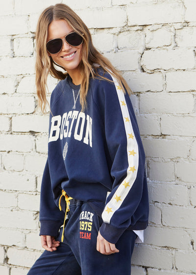 Hammill & Co New Retro track and field collection is here. College navy sweat in a heavy stonewash fleece to give a well loved, worn-in look!
