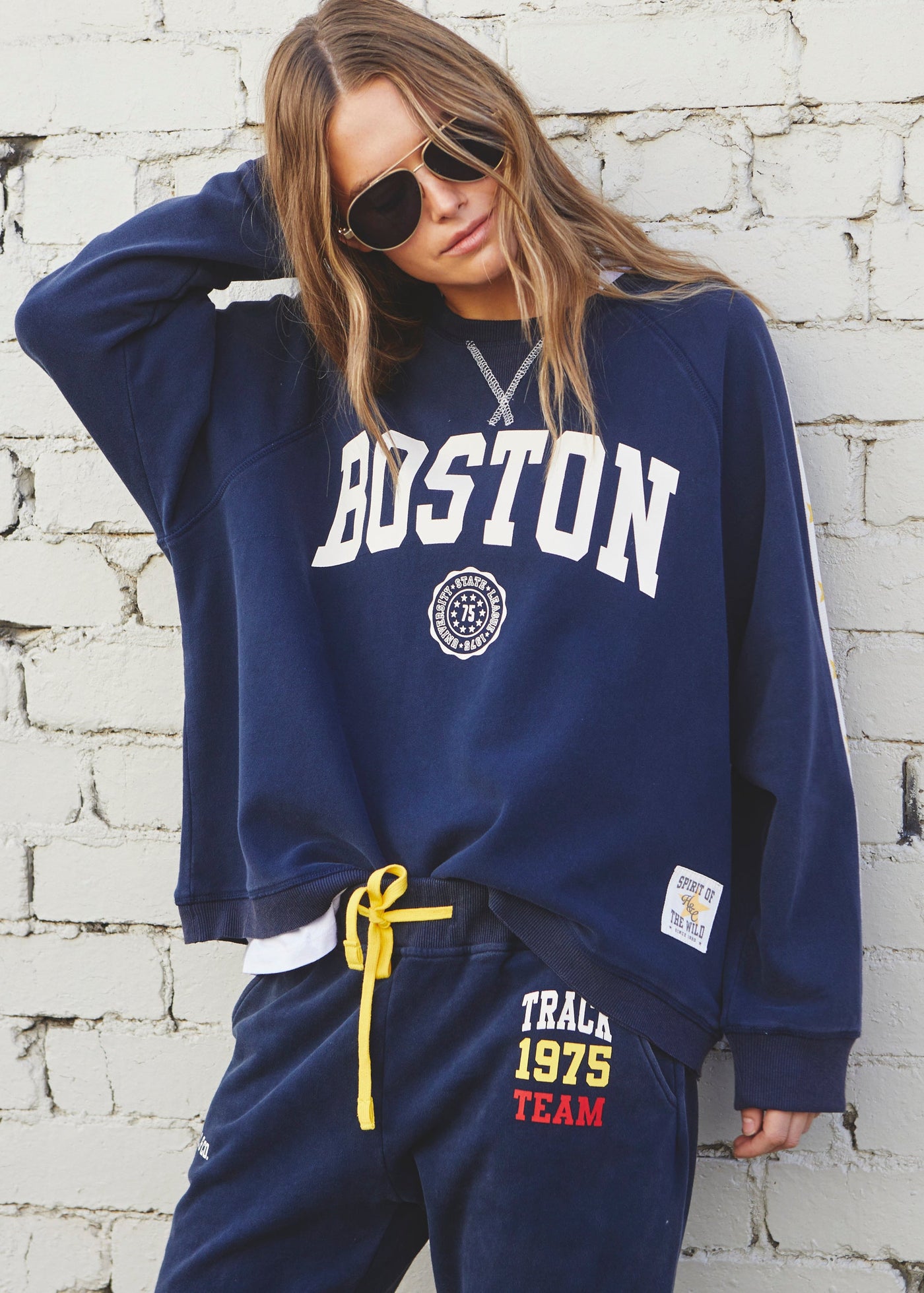 Hammill & Co New Retro track and field collection is here. College navy sweat in a heavy stonewash fleece to give a well loved, worn-in look!