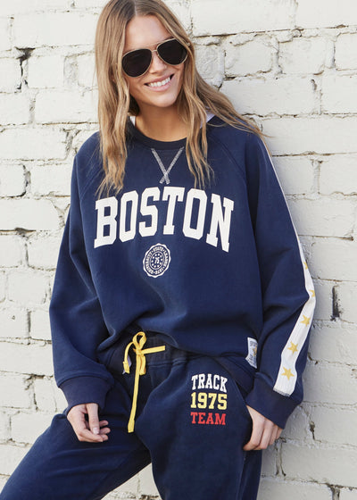 Hammill & Co New Retro track and field collection is here. College navy sweat in a heavy stonewash fleece to give a well loved, worn-in look!